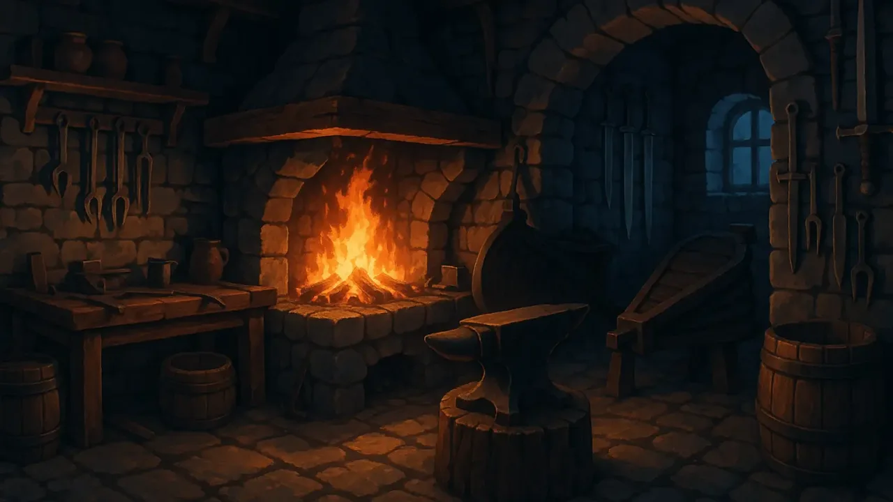 The Forge in TerraX, with an anvil and a crafting queue
